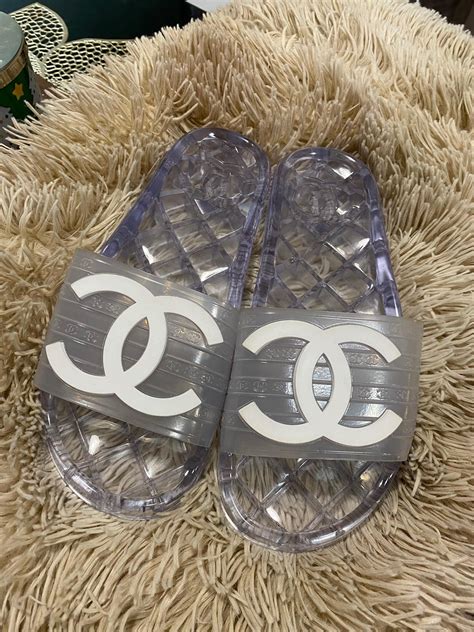 chanel slides for cheap|Chanel clear pool slides.